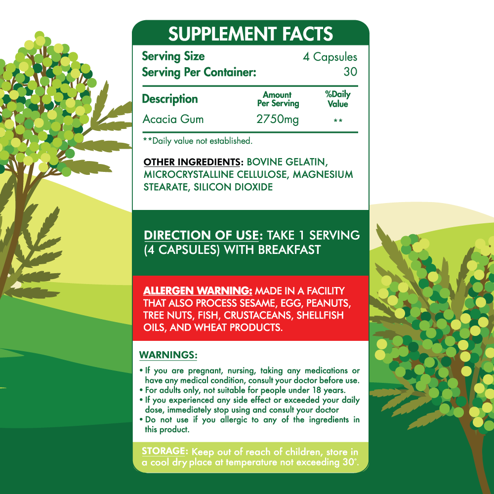 Organic Nation Fibers Gum Acacia-30Serv.-120 Capsules