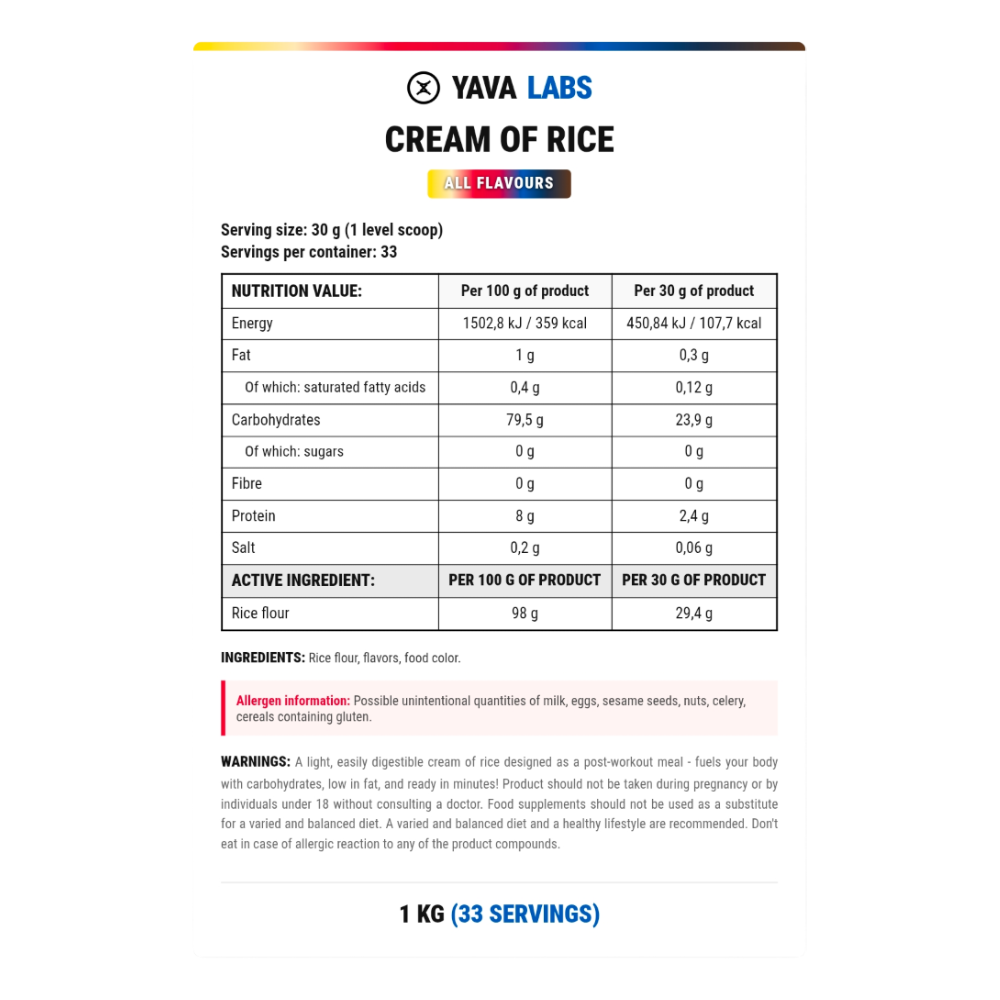 Yava Labs Cream of Rice.-1KG.-33Serv.-BlueBerry