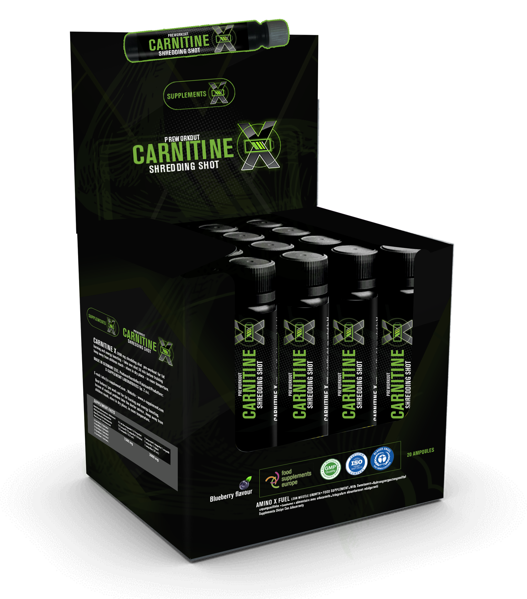 [0655729445924] Supplement X Pre-Workout Carnitine 3000 Shredding Shot-20Ml-1Serv.-Blueberry